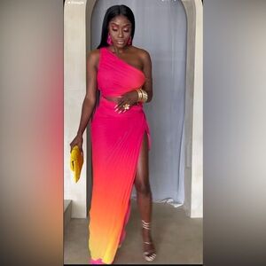 Vibrant Pink-Orange Pleated Women's Dress